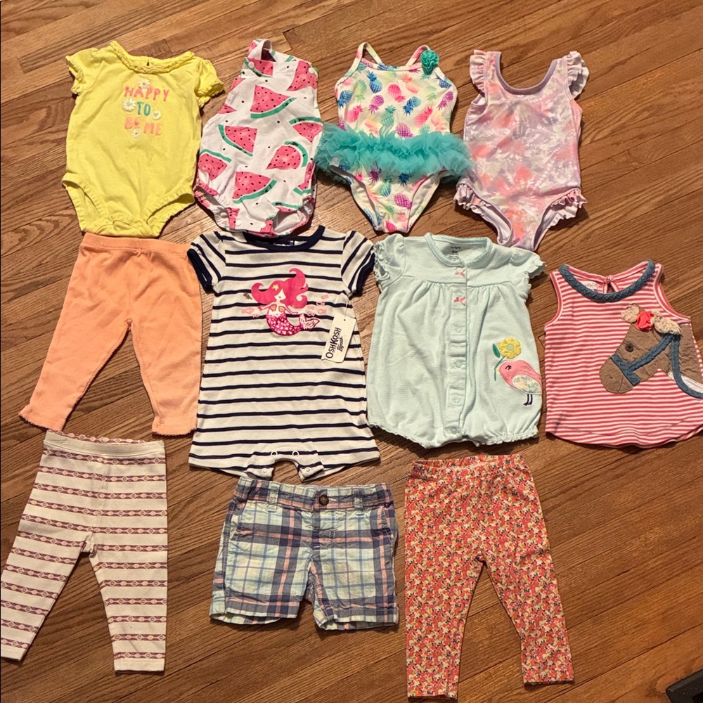 Colorful Baby 6-12 Month Clothing Set. Rompers, leggings, shorts, jumper, swim